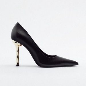 Zara Black 100% Leather Pointed Toe Metallic Heels